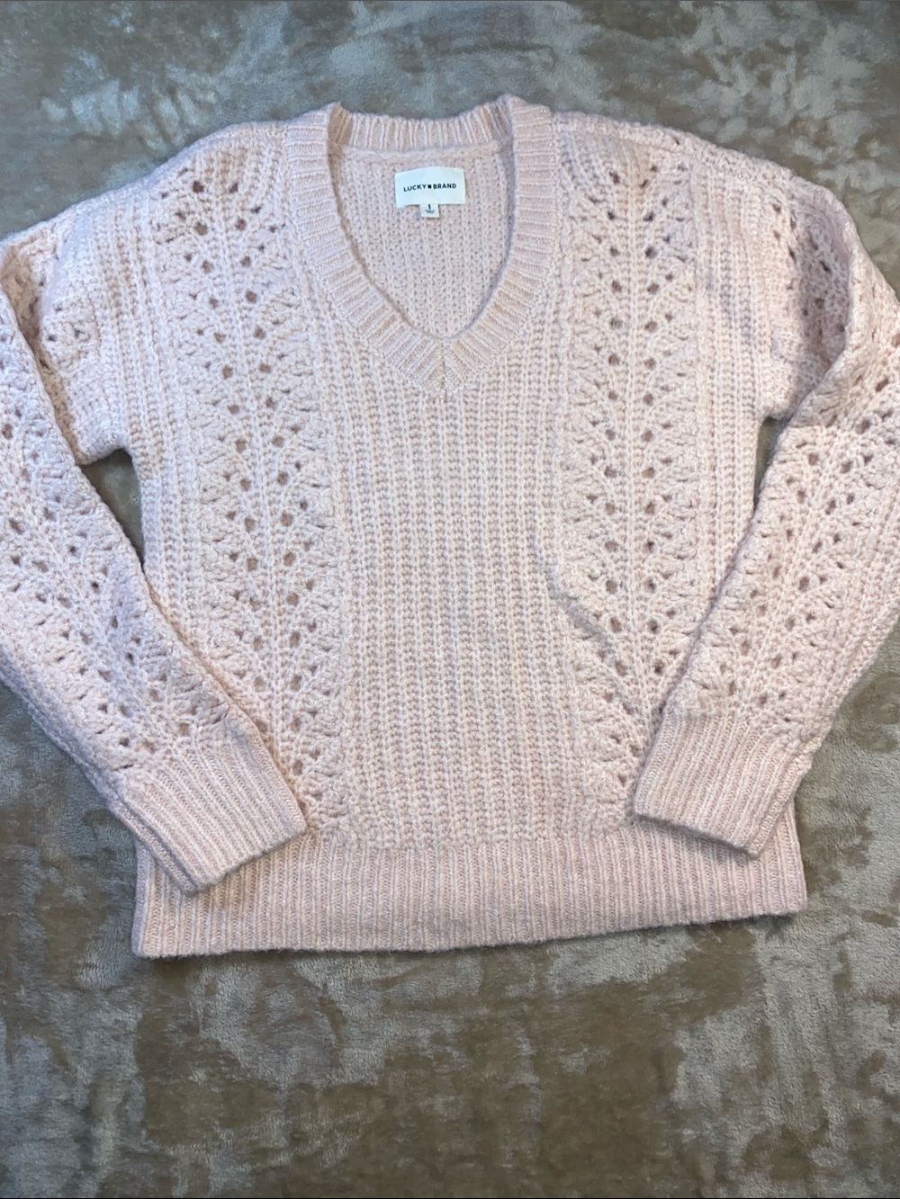 Lucky Brand Wool Blend Knit Pale Pink V-Neck Pointelle Sweater